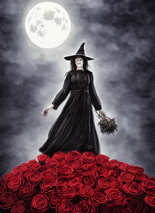 Prompt: portrait, A witch in front of the full big moon, book cover, red roses, red white black colors, establishing shot, extremly high detail, foto realistic, cinematic lighting, pen and ink, intricate line drawings, by Yoshitaka Amano, Ruan Jia, Kentaro Miura, Artgerm, post processed, concept art, artstation, matte painting, style by eddie, raphael lacoste, alex ross