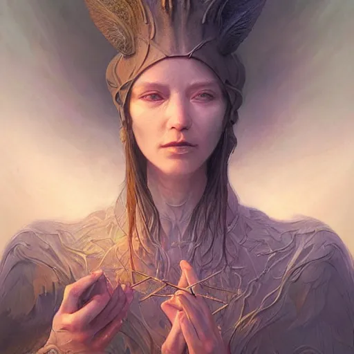 Image similar to Hyperrealistic beautiful detail matte 3d painting of a very beautiful priest with spear of darkness and dark smoke aura by ellen jewett, dan Mumford, beeple, Alex grey, monia merlo, Miho Hirano tomasz alen kopera and Justin Gerard