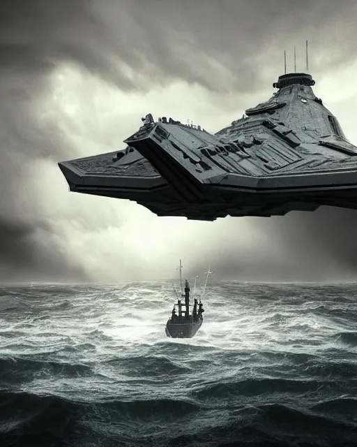 Image similar to scifi action scene of a fishing boat on stormy seas, a very large star destroyer spaceship flying overhead, the very large star destroyer spaceship is emerging from storm clouds, sunset lighting, stormy weather, dramatic lighting, unreal engine, hyper realism, realistic shading, cinematic composition, realistic render, octane render, detailed textures, photorealistic, ultrawide shot, 1 6 mm lens