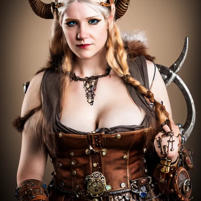 Image similar to full length portrait photograph of a real-life beautiful female steampunk viking, Extremely detailed. 8k