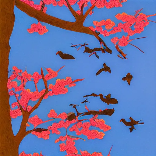 Image similar to birds on cherry tree, Changelingcore, serene, graceful, sunset photo at golden hour, Kodachrome, digital painting by M. C. Escher