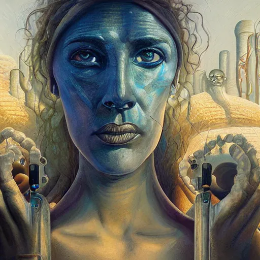 Image similar to detailed face of a woman with obsidian eyes in a biomorphic courtyard with dna sculptures at a science expo, atmospheric, ambient, pj crook, syd mead, livia prima, artgerm, greg rutkowski, nick alm, casey baugh