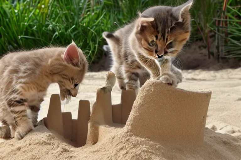 Prompt: kittens touching a sand castle