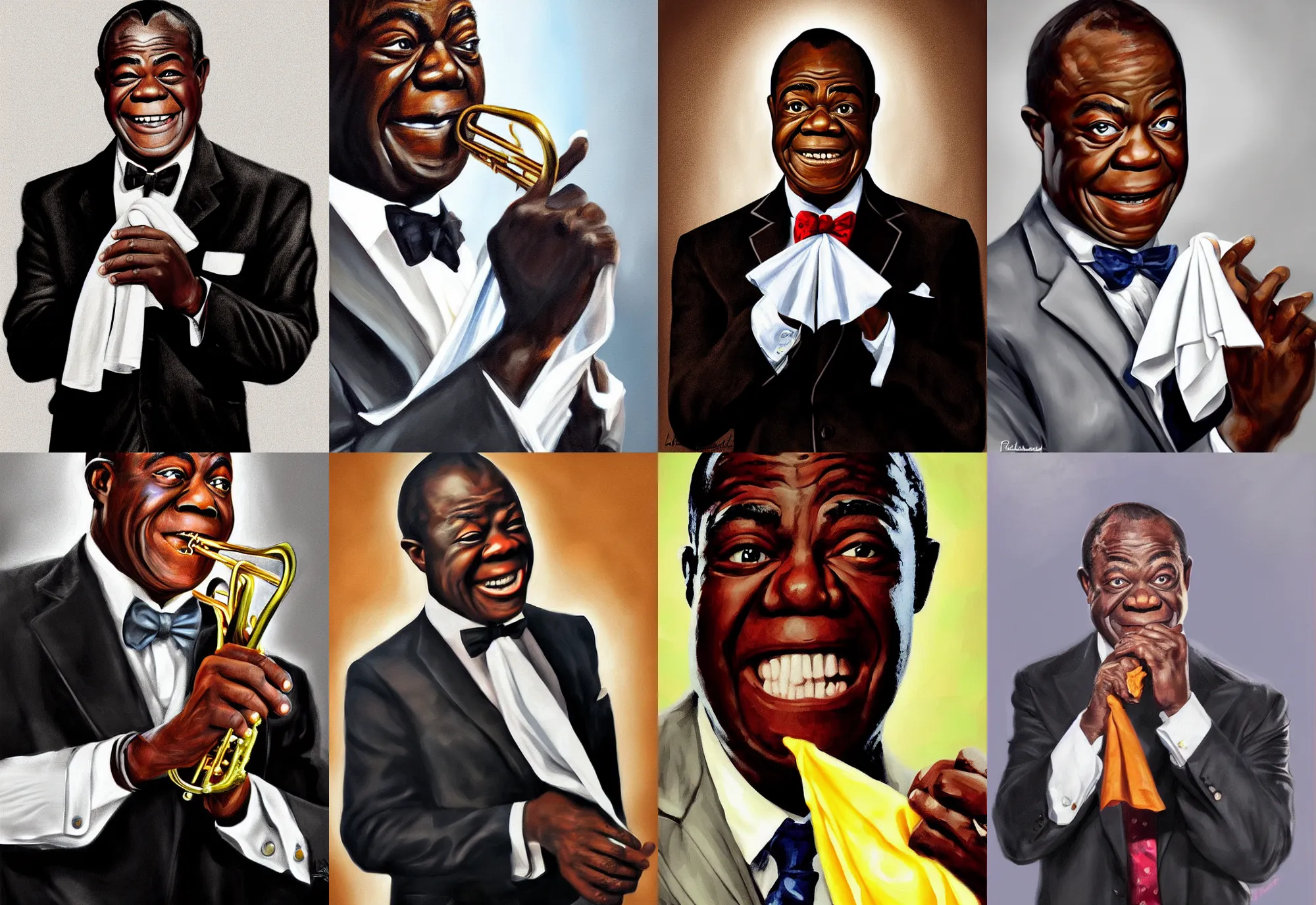 Prompt: a portrait of louis armstrong holding a white handkerchief, by anastasia pollard, dramatic lighting, highly detailed digital painting