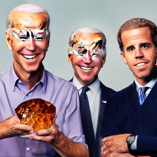 Image similar to UHD candid photo of Joe Biden and Hunter Biden holding up a giant flaming quartz crystal, UHD, photorealistic, correct face, photo by Annie Leibowitz