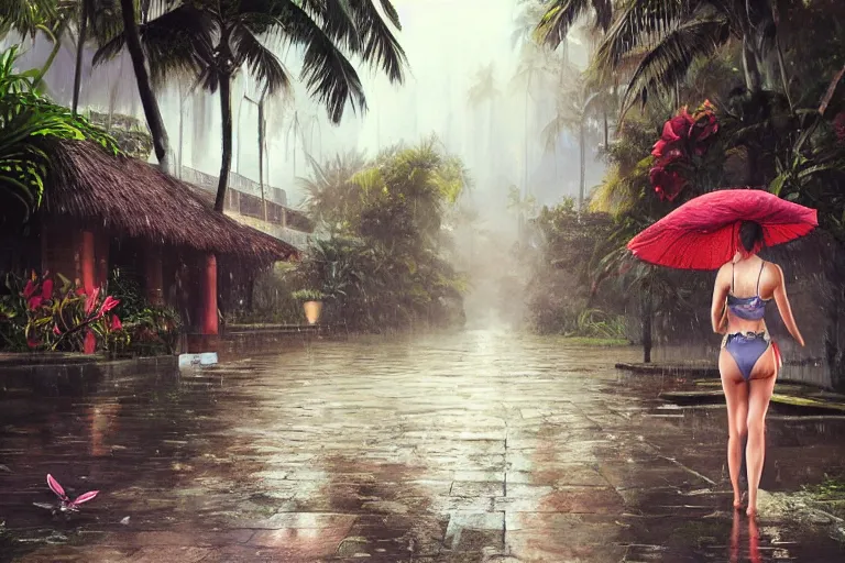 Image similar to ultra realistic illustration, photo, monsoon on tropical island, attractive oriental woman, back, ornate, beautiful, atmosphere, vibe, mist, coconuts, rain, wet, pristine, puddles, melting, dripping, creek, bridge, forest, roses, flowers, by stanley artgerm lau, thomas kindkade, art gta 5 cover