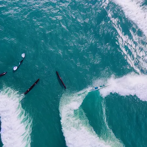 Image similar to a drone shot from above of the ocean with bright blue water and big waves that are crashing on bright white sand. There are a lot of surfers sitting in the water on their surfboards waiting for waves