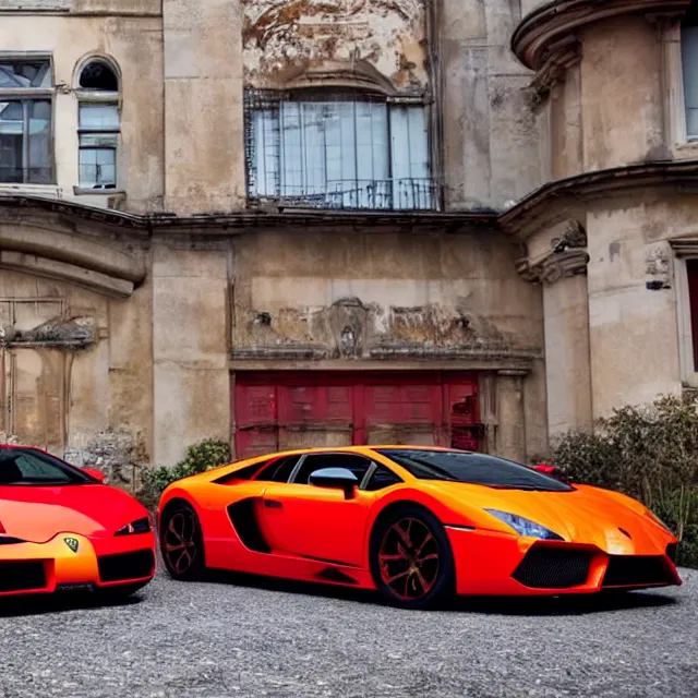 Prompt: a red lamborghini and an orange bugatti veyron