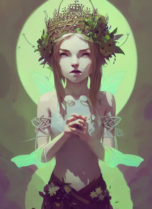 Prompt: portrait of cute fairy girl with crown of flowers covered with celtic rune tattoos, fantasy, by atey ghailan, by greg rutkowski, by greg tocchini, by james gilleard, by joe gb fenton, by kaethe butcher, dynamic lighting, gradient light green, brown, blonde cream and white color in scheme, grunge aesthetic