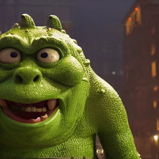 Image similar to mr. bean godzilla super mario pickle rick yoda donkey kong pikachu yeti shrek spongebob homer groot kermit in gears of war, splash art, movie still, detailed face, photorealistic facial features, cinematic lighting, dramatic, octane render, long lens, shallow depth of field, bokeh, anamorphic lens flare, 8 k, hyper detailed, 3 5 mm film grain