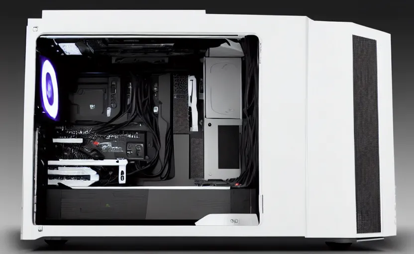 Image similar to futuristic gaming pc with white lighting and a white case, hd photograph, highly detailed, intricate