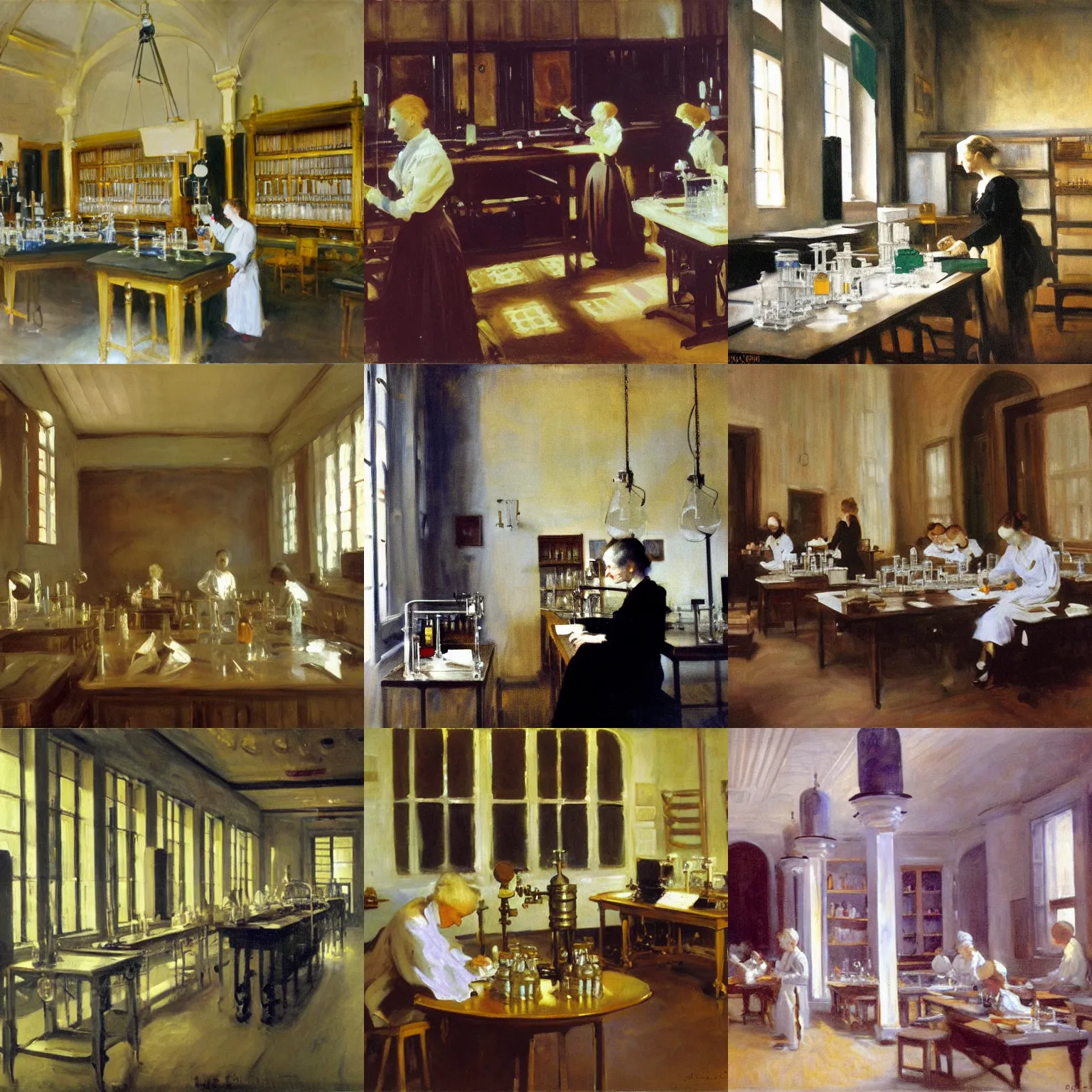 Prompt: marie curie chemistry laboratory, john singer sargent, oil on canvas