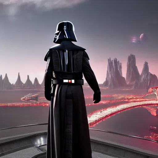 Prompt: an extremely detailed Darth vader standing portrait in front of a highly detailed landscape of a big and structured city inpired by Star Wars, portal to outer space, digital art, 8k, disney render, disney