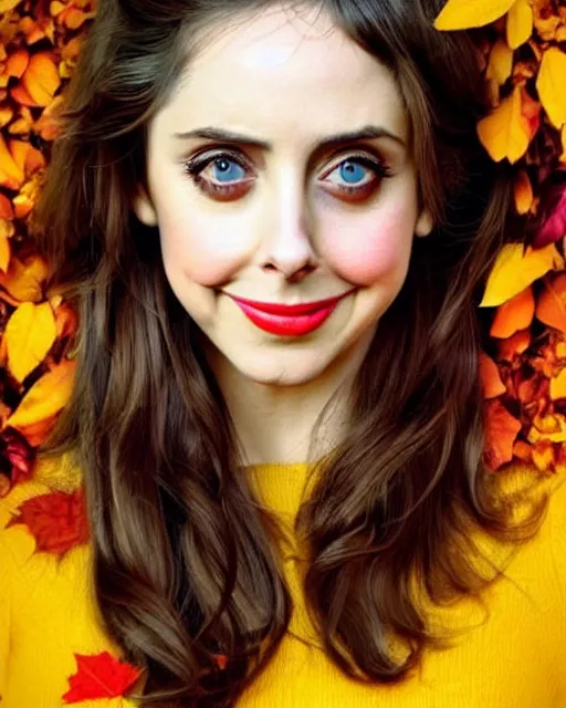 Prompt: gorgeous young Alison Brie, realistic character concept, full body, autumn leaves, orange yellow, medium shot, shorter neck, illustration, symmetrical face and body, realistic eyes, cinematic lighting, detailed realistic symmetrical eyes, symmetrical nose, symmetrical pupils, symmetrical nostrils, face by artgerm, symmetrical nose, high resolution, Joshua Middleton, Charlie Bowater, Tom Bagshaw, single face, insanely detailed and intricate, beautiful