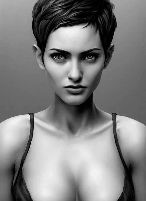 Prompt: up close portrait of a beautiful woman in black and white, photorealistic, pixie cut, intricate hair, rule of thirds, art by diego fazio and diegoKoi and oscar Ukono, concept art, sharp focus, artgerm, 8k highly detailed