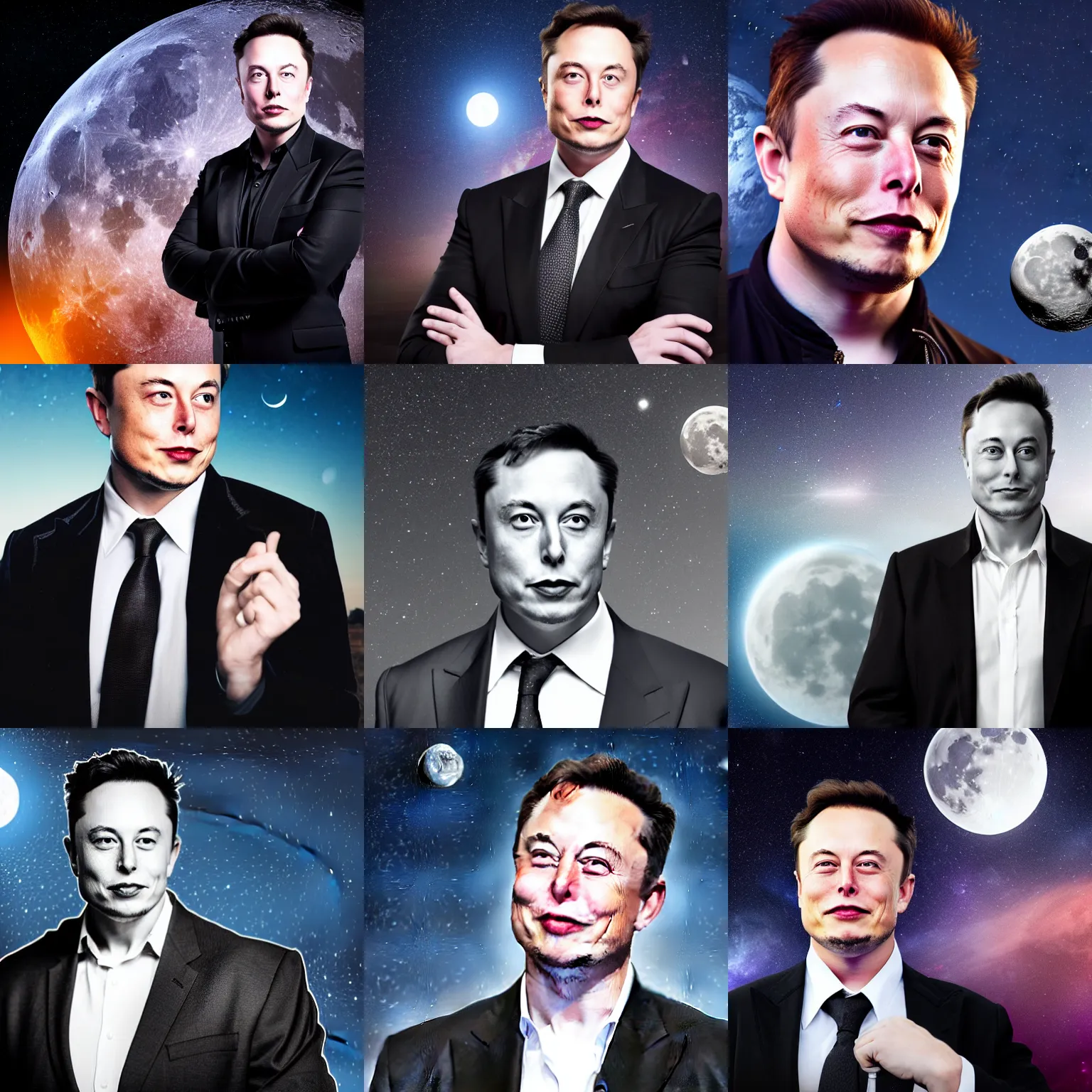 Prompt: a photograph of a younger elon musk in a suit, black background with waxing gibbous moon, photograph, photorealistic composite