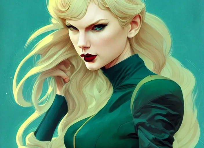 Image similar to style artgerm, joshua middleton, taylor swift with green dress, very long blue hair, symmetrical face, symmetrical eyes, steampunk western gunslinger, cinematic lighting