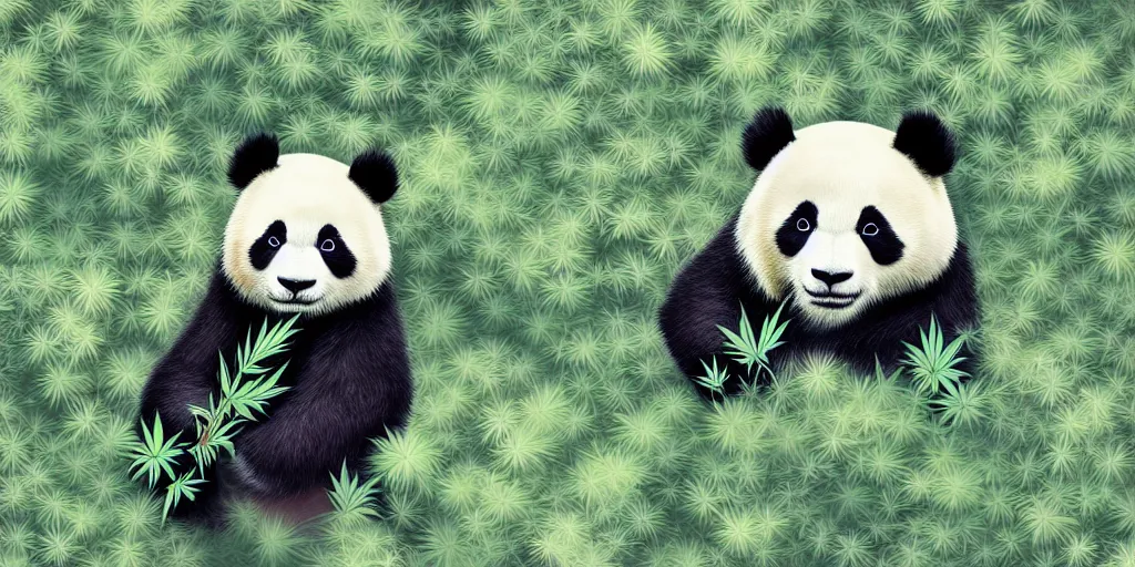 Image similar to beautiful aesthetic digital illustration of a relaxed panda surrounded by an endless forest of weed wlop and Julia Razumova, realistic, photorealistic, hyperrealistic, unreal engine, octane, deviantArt, trending on artstation, artstation HQ