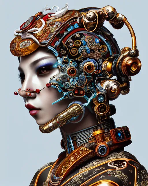 Image similar to portrait of a cyberpunk machine, machine face, upper half portrait, decorated with chinese opera motifs, asian, fine china, traditional chinese art, intricate, elegant, highly detailed, symmetry, headpiece, digital painting, artstation, concept art, smooth, sharp focus, illustration, art by artgerm and greg rutkowski and alphonse mucha, 8 k