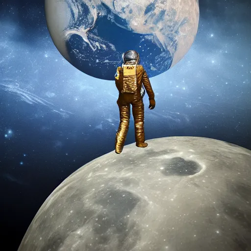 Image similar to apollo 8 earthrise, photo of a cowboy standing on the moon looking up at earth in space, octane render, blender render, unreal engine, 3 5 mm