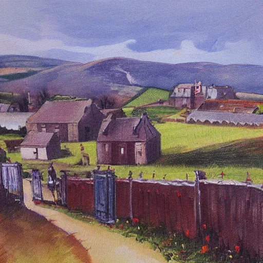 Image similar to painting of a small town in rural Ireland, by Aleksander Rostov