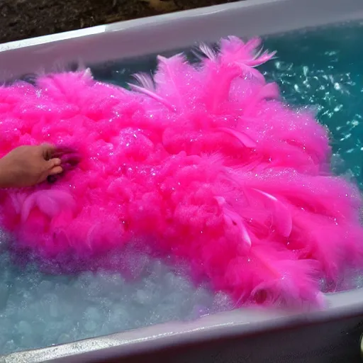 Image similar to hot pink feather boa muppet in bubble bath wit bubbles floating in the air