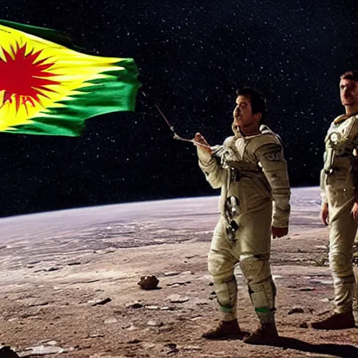 Image similar to kurdish astronaut holding a kurdistan flag in a movie directed by christopher nolan, movie still frame, promotional image, imax 7 0 mm footage