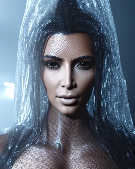 Image similar to epic full - pov - shot still of kim kardashian unconscious wearing a black lace dress in a transparent alien liquid, wet flowing hair, gooey skin, illustration, unreal engine 5, 8 k, made by h. r. giger.