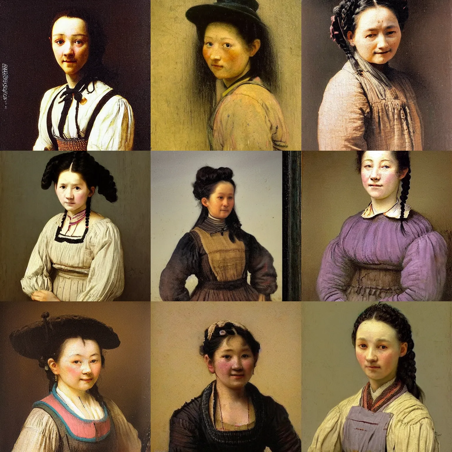 Prompt: a sadly smiling black haired, young hungarian village maid from the 19th century who looks very similar to (((Lee Young Ae))) with a two french braids, pastel colours, detailed, painting by Rembrandt, Csók István and da Vinci