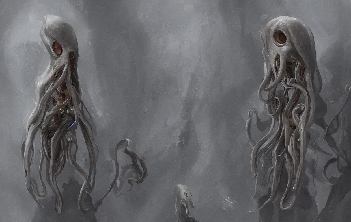 Image similar to humanoid squid with grey skin in robes looking at the viewer, concept art by jama jurabaev