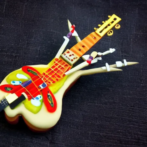 Image similar to an extremely high quality photo of a surreal helicopter-guitar-sandwich, the polymer clay creation, a hybrid mixture of sandwichguitarhelicopter and guitarsandwichelicopter, promotional photo, 4k food photography