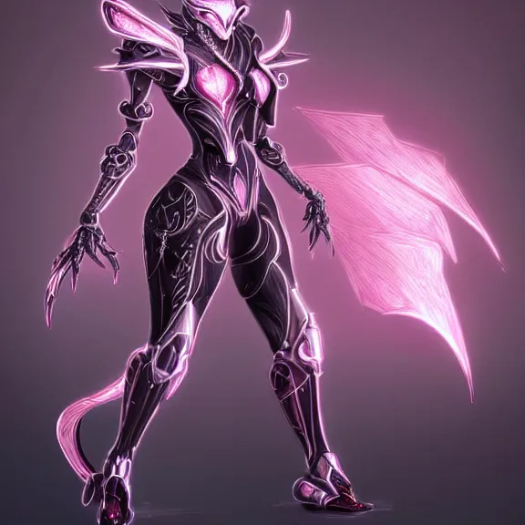 Image similar to highly detailed exquisite fanart, of a beautiful female warframe, but as an anthropomorphic robot dragon, shiny silver armor engraved, Fuchsia skin beneath the armor, elegant pose, close-up shot, full body shot, epic cinematic shot, long elegant tail behind, sharp claws for hands, professional digital art, high end digital art, singular, realistic, DeviantArt, artstation, Furaffinity, 8k HD render