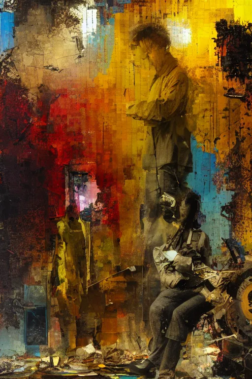 Image similar to a beautiful glitched painting by robert proch of people in front of a painting in a museum gallery, metal rust and plaster materials, pixel sorting, color bleeding, brushstrokes by jeremy mann, still life, dark colors