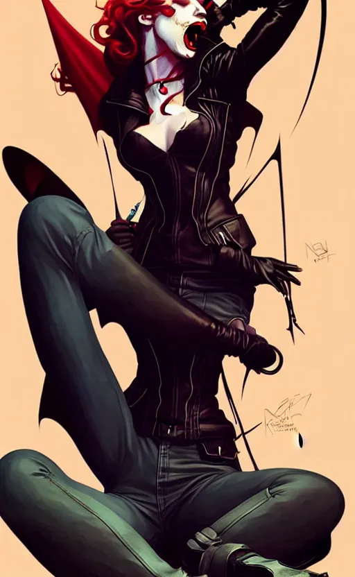 Image similar to rafael albuquerque comic art, art nouveau, peter mohrbacher, artgerm, pretty anya taylor - joy vampire sharp vampire teeth open mouth, black leather jacket, jeans, long blonde hair, full body