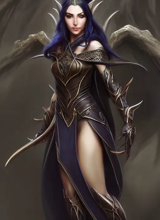 Image similar to d & d concept art of gorgeous elven woman with raven black hair in the style of stefan kostic, realistic, half body shot, sharp focus, 8 k high definition, insanely detailed, intricate, elegant, art by stanley lau and artgerm, foggy backgeound, fantasy