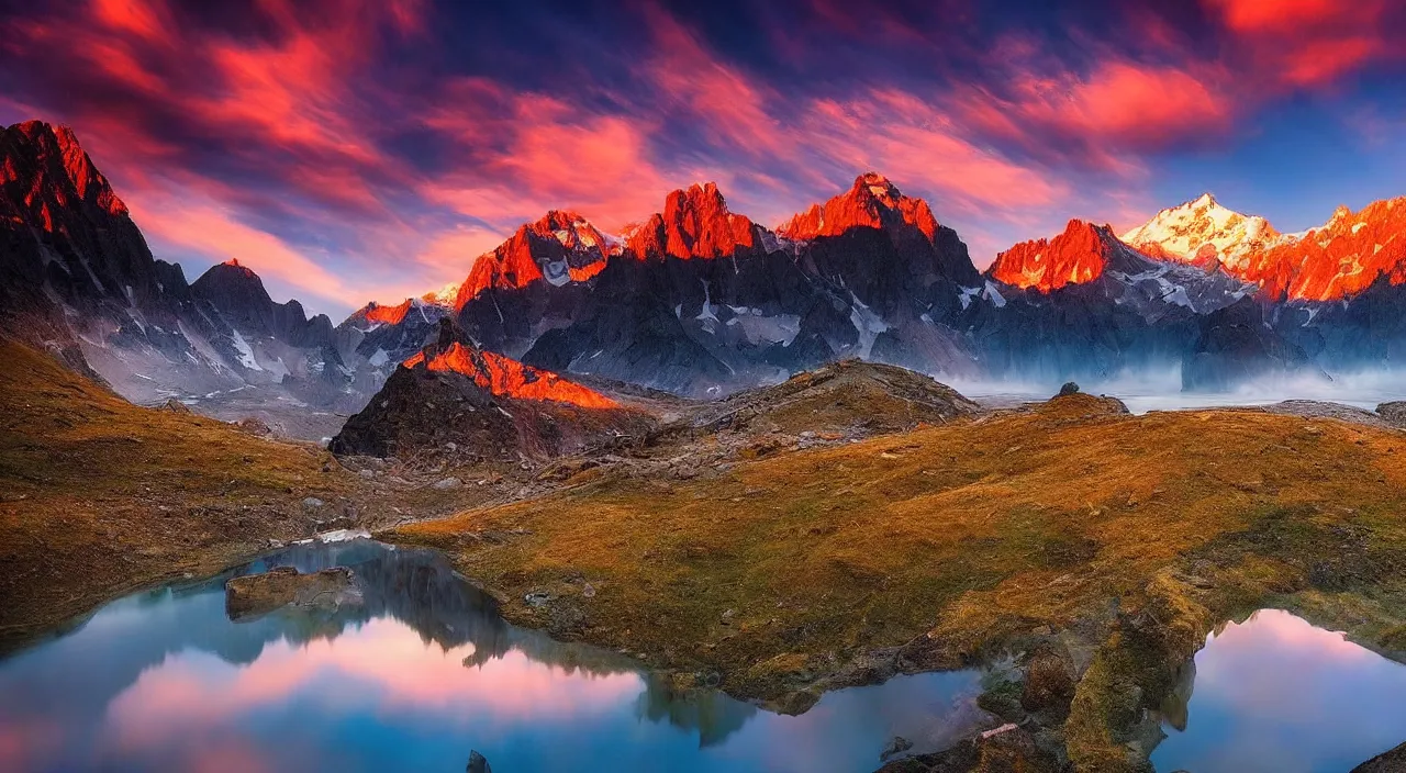 Image similar to amazing landscape photo of mountains with lake in sunset by marc adamus, beautiful dramatic lighting