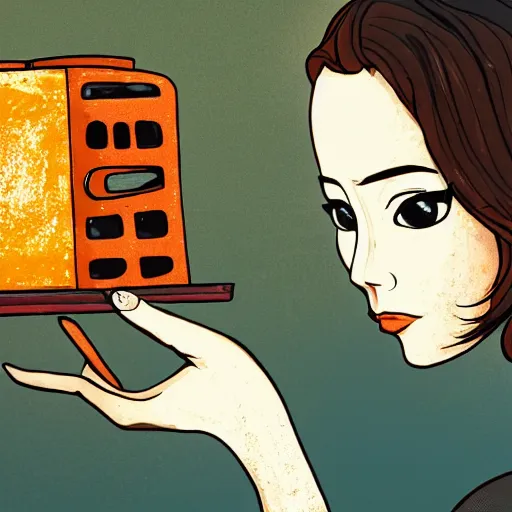 Image similar to a rusting female android holds a broken toaster in her arms