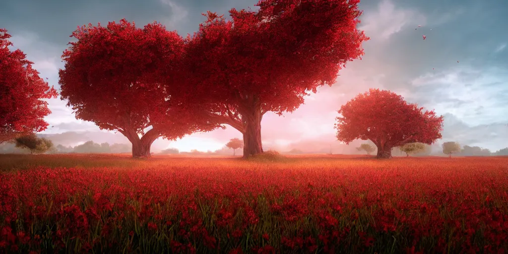 Prompt: a big red tree in the middle of a battlefield near a bunch of red flowers at sunrise, hyperrealistic, concept art, octane render, unreal engine 5, trending on Artstation, high quality, 8K, dramatic lighting, cinematic, high coherence, highly detailed, Midjourney style, epic scene, path traced, low contrast, complementary colors