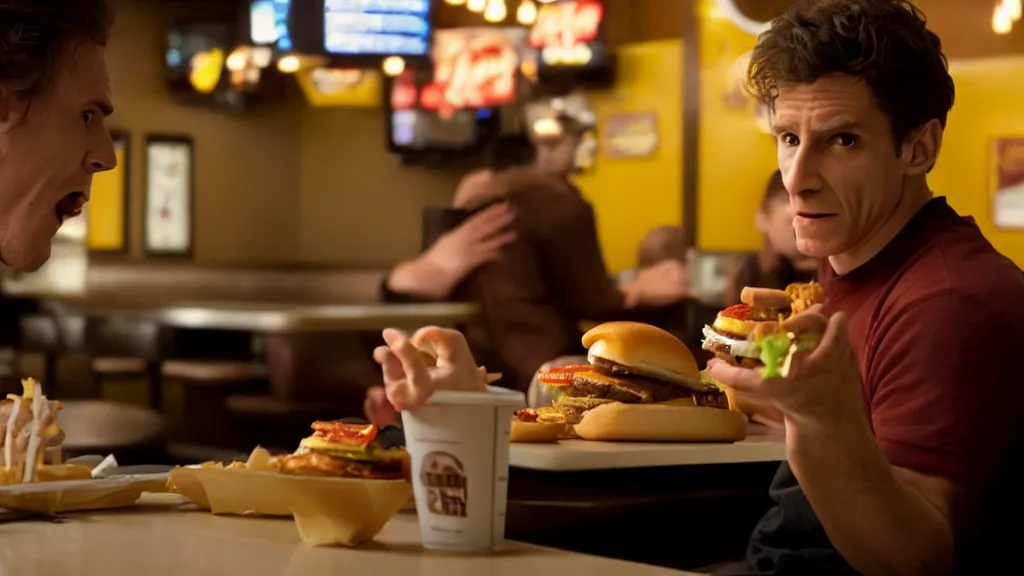 Image similar to the strange creature eats a cheeseburger, at the fast food restaurant, film still, directed by david cronenberg studio lighting, extremely professional