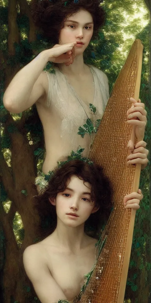 Image similar to masterpiece of a shy delicate elf bard, playing on a harp, followed by a shadow, beautiful face and flawless skin, perfect hands by Edgar Maxence and Ross Tran and Michael Whelan