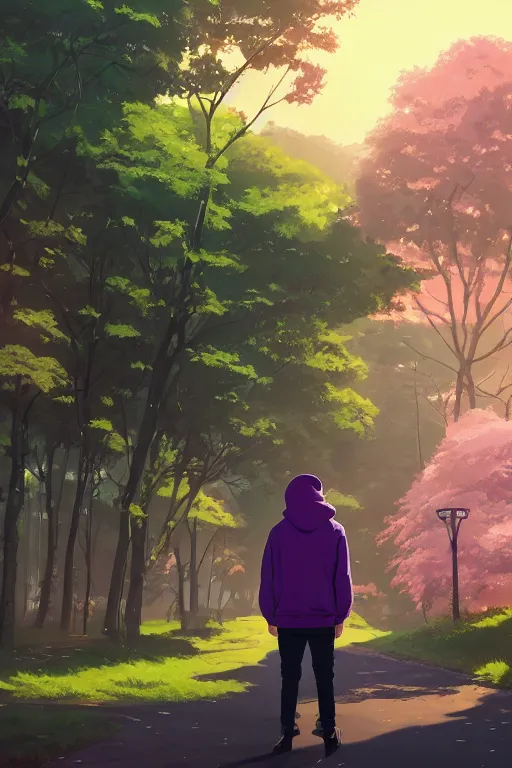 Image similar to young man in a purple hoodie, back view, messy short brown hair, detailed neighbourhood background, trees, colourful, 8 k, anime, ghibli style, graphic novel, digital art trending on artstation, volumetric lighting, octane render, cinematic, hyper detailed