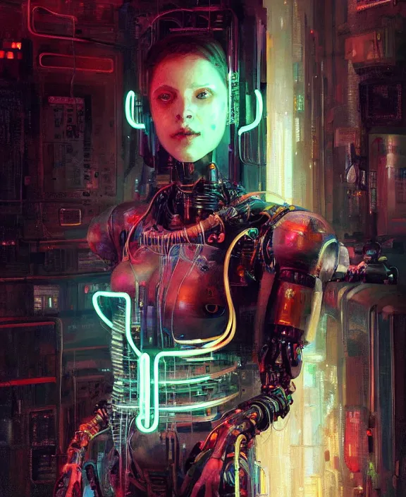 Prompt: portrait of cute robot cyborg woman, many wires and neon lights exposed, glowing eyes, cyberpunk, highly detailed painting by jeremy mann and cd projekt red