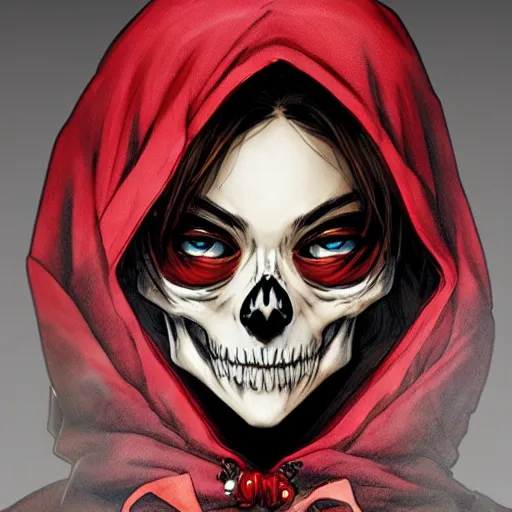 Image similar to anime manga skull portrait young woman skeleton, red riding hood, unreal engine, intricate, elegant, highly detailed, digital art, art by JC Leyendecker and William Turner 1860