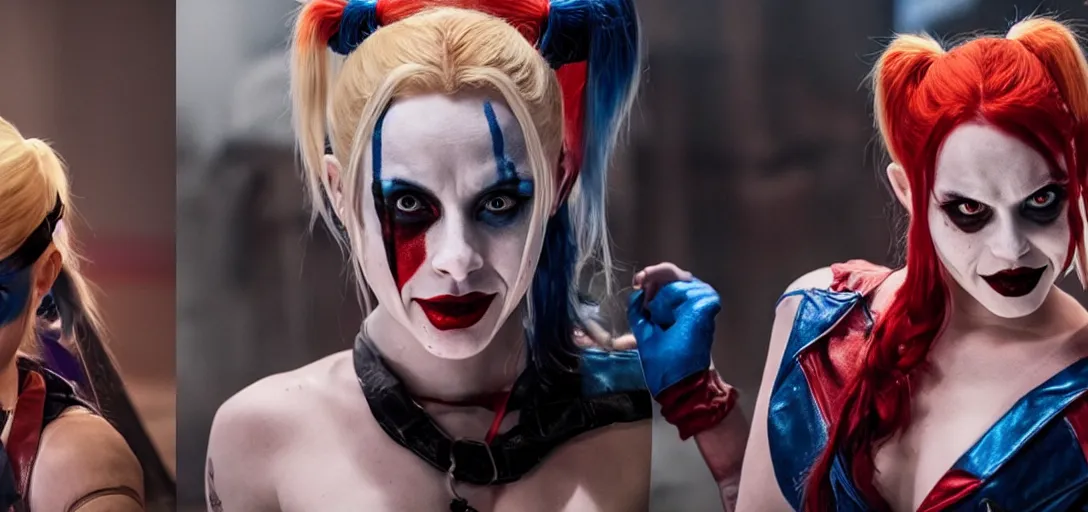 Image similar to real-life Harley Quinn, cinematic, Wide-shot, atmospheric lighting, directed by Quentin Tarantino, extreme detail, 8K, movie still