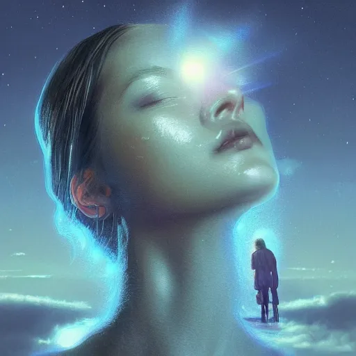 Prompt: sci - fi, close - up, 3 d, night, moon rays, sleepy fashion model face, cinematic, clouds, sun rays, vogue cover style, poster art, blue mood, realistic painting, intricate oil painting, high detail illustration, figurative art, multiple exposure, poster art, 3 d, by tooth wu and wlop and beeple and greg rutkowski