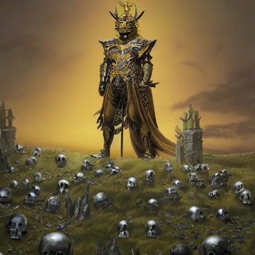 Prompt: anthropomorphic shiba inu, gold armor, standing on hill, graveyard full of bones and skulls, stuning fantasy 3 d render, masterpiece, glowing dark aura, by donato giancola and greg rutkowski and wayne barlow and zdzisław beksinski, realistic face