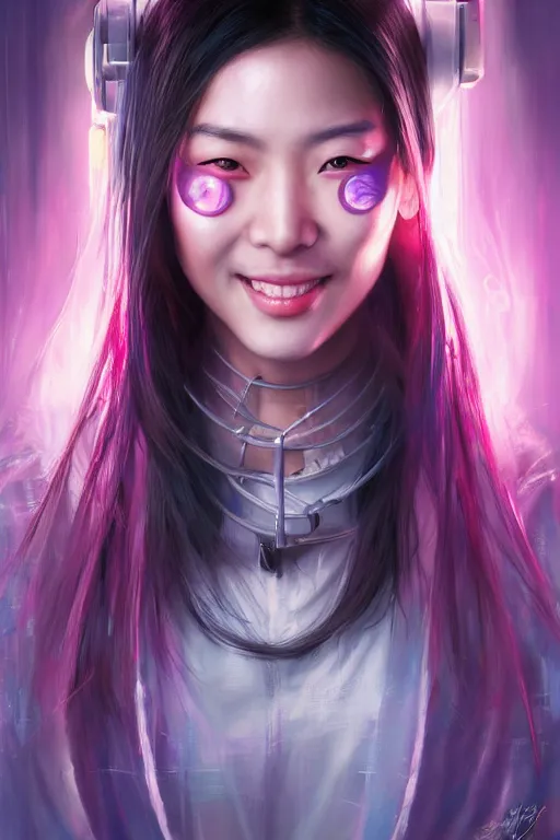 Prompt: stunning highly detailed portrait of a beautiful asian female cyberpunk, smiling, soft lighting, pastel neon colors, oil on canvas, strong lighting, by glenn fabry, by greg staples, by mandy jurgens, hd, 4 k