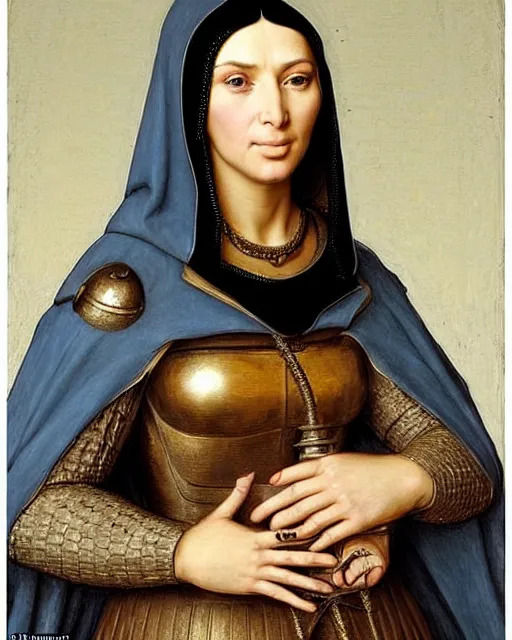 Image similar to kim kardashian as armored battle nun, delicate detailed medieval portrait in the style of eugene de blaas, perfect face