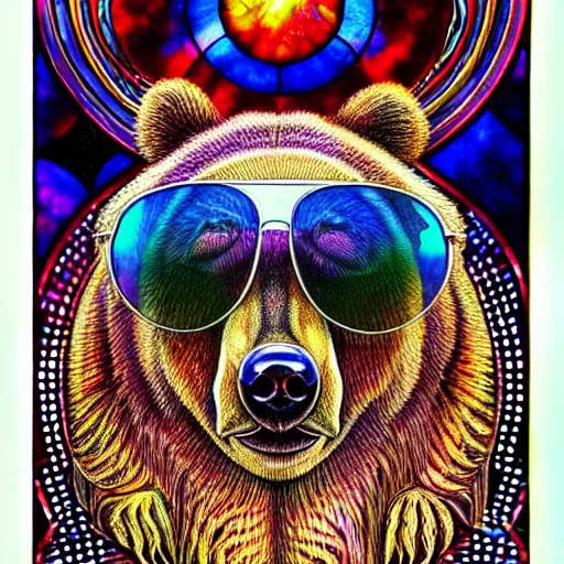 Prompt: ( bear wearing sunglasses ) ( ( ( hyper detailed masterpiece, psychedelic fractal pattern, jean giraud, digital art painting, dream wave aesthetic, ethereal, artgerm, donato giancola, tom bagshaw ) ) ) ( ( ( ( stained glass, ink painting ) ) ) )