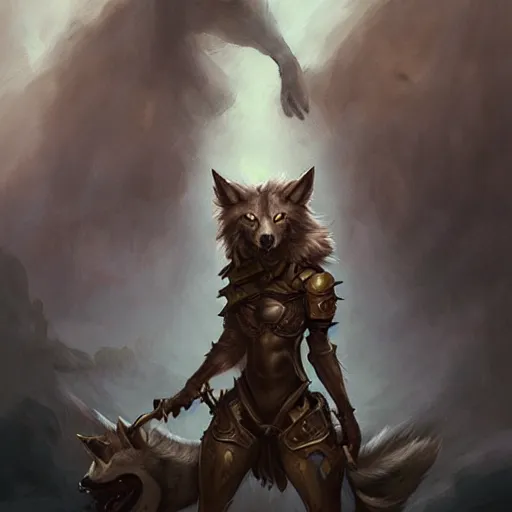 Image similar to anthropomorphic wolf woman wearing armor, digital painting, fantasy, ethereal, brooding, hellish background, art by peter mohrbacher, trending on artstation